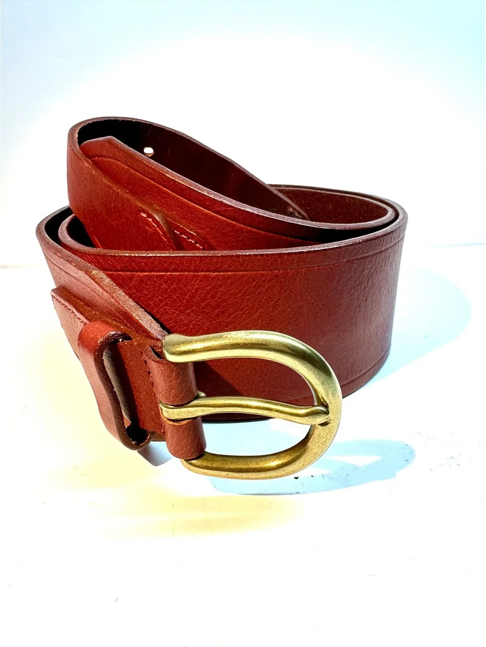 Vintage J. Crew Red-Brown Genuine Leather Waist Belt Solid Brass Buckle Size L - Picture 6 of 6